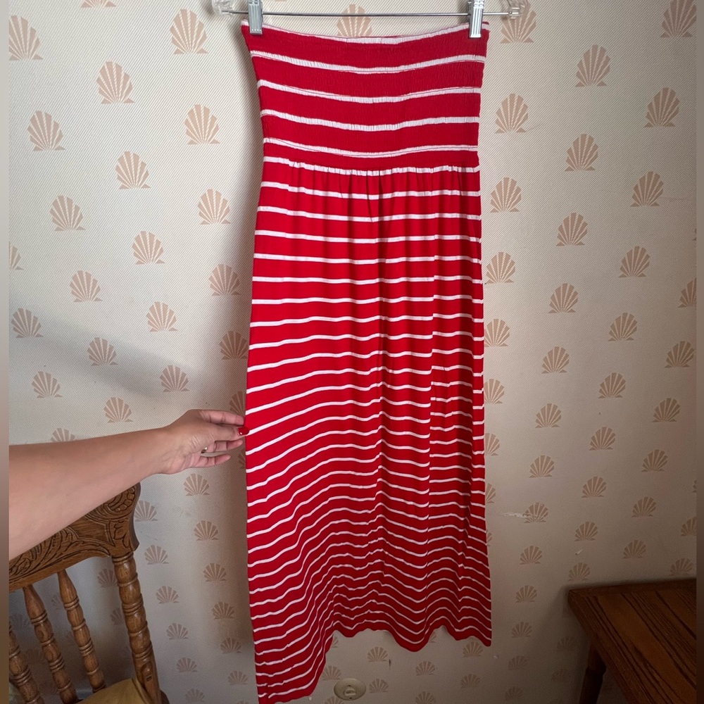 Red and White Striped Strapless Summer Maxi Dress Sz. M